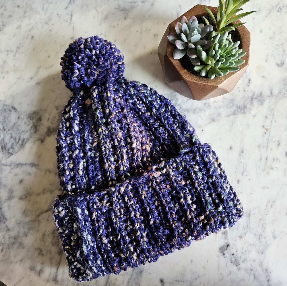 Handmade Crochet Chunky Pom Beanie Blueberry Confetti